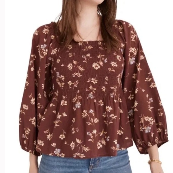 Madewell Tops - Madewell Lucie Smocked Square Neck Cotton Peplum Top Floral Long Sleeve